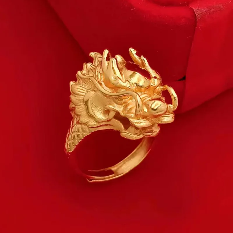 

Dragon King Open Ring (Bold Vintage) (24K AU999)- 3D Relief Dragon King Head, Matte Wide Band, Business Dinner, Majestic Dignity