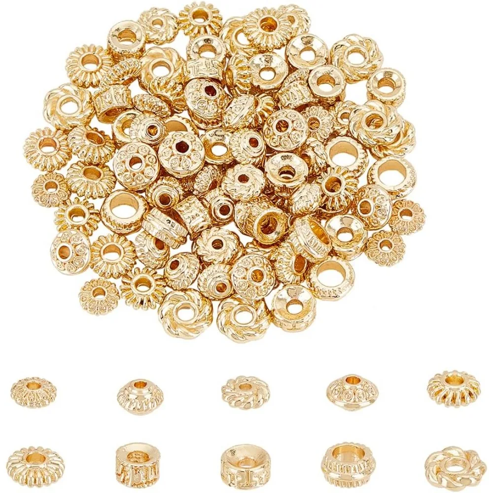 100Pcs 10 Style Real 14K Gold Plated Beads, Flower Bicone Barrel Flat Round Shape Spacer Beads Metal Alloy Beads for DIY