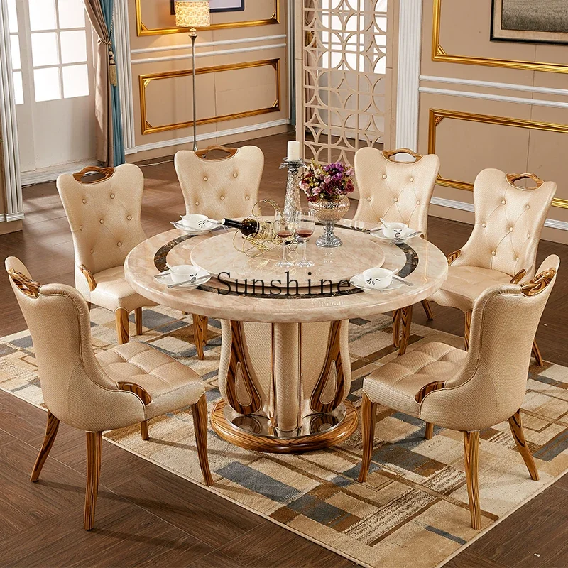 European marble round dining table combination with turntable for home use, simple and modern