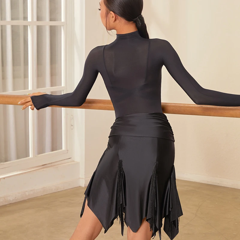 ชุดเต้นลาตินเด็กหญิงแบบกระโปรงครึ่งตัว ดีไซน์ไม่สมมาตร โดดเด่นมีเอกลักษณ์ พร้อมกางเกงซับในสำหรับฝึกซ้อม