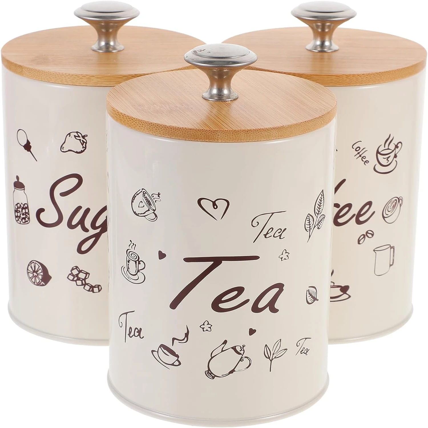 

Three charming vintage retro airtight pantry canisters for storing sugar, tea, and coffee. Perfect kitchen containers for cereal