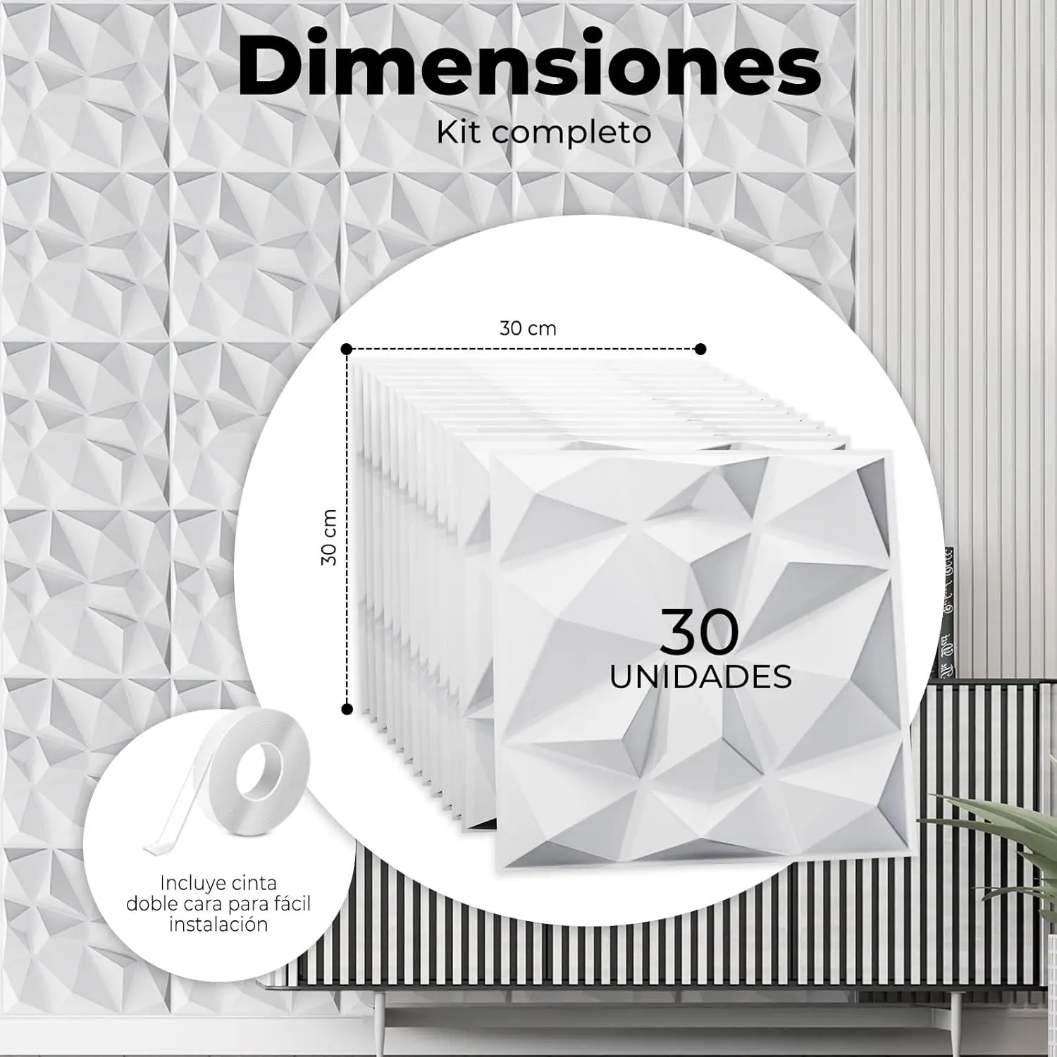 30 unidades Paneles Decorativos Para Pared PVC 3D 30x30cm + Cinta Doble Cara Adhesiva. Revestimiento de Paredes PVC y