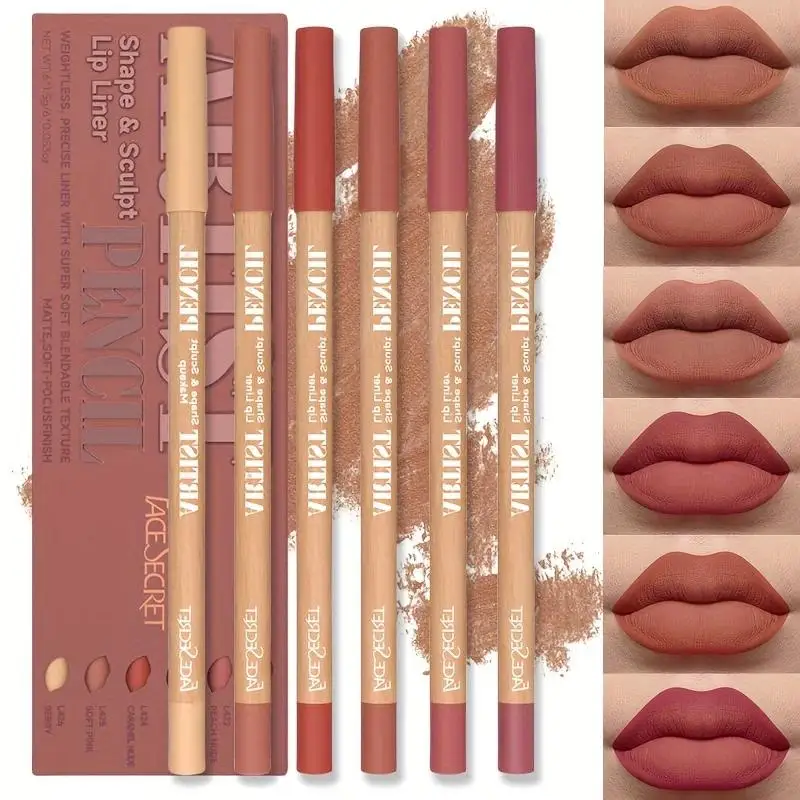 6 ชิ้น/เซ็ต Nude Lip Liner แต่งหน้าชุดธรรมชาติและยาวนานกันน้ํา Matte Effect Lip Liner แต่งหน้าทุกวัน, lip Combo แต่งหน้า
