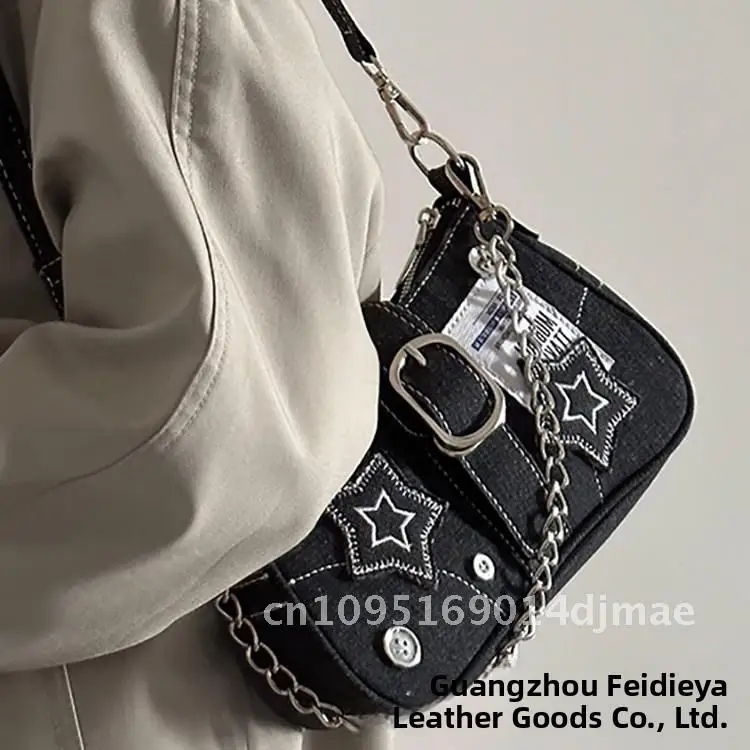 

Women's Y2K Retro Denim Canvas Underarm Bag with Star Print Urban Minimalist High-grade Shoulder Chain Handbag