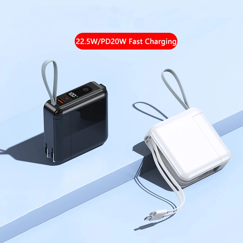 30000mAh Wall Charger Power Bank Dual USB PD20W Fast Charging for iPhone 15 14 Samsung Portable Powerbank Built in Cable AC Plug