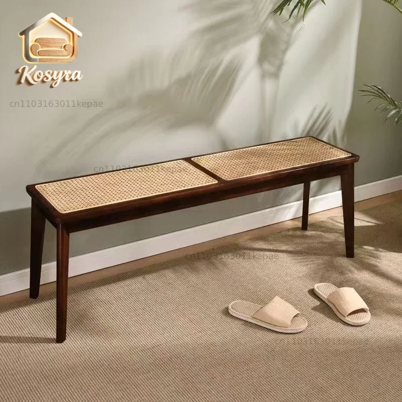 Nordic Simple Rattan Long Stool Household Solid Wood Table Stool Japanese Log Long Bench Bed End Stool Shoe Home Furniture TYLB