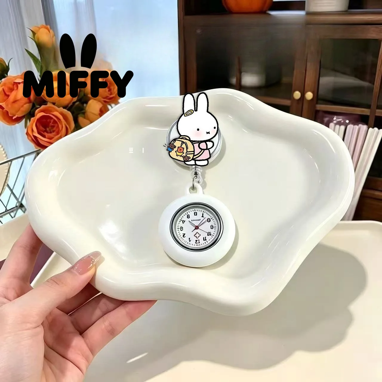 Cute Miffy Bunny Pocket Watch Cartoon Rabbit Retractable Clip-On Clock Kawaii Portable Lapel Watch Gift for Students Nurses view 6