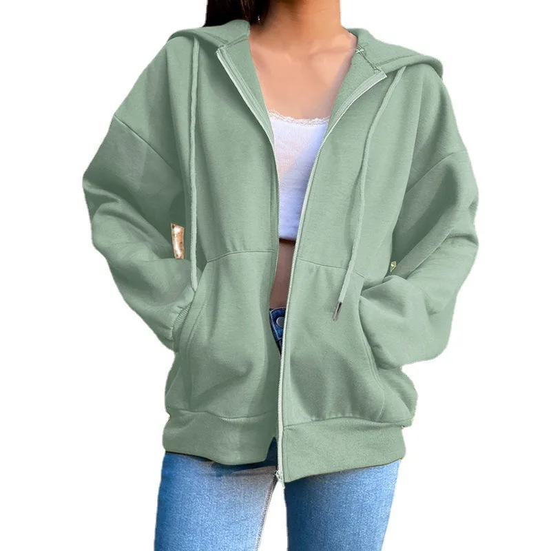 2025 Solid Color Women Hooded Zipper Loose Long Sleeve Hooded Sweatshir Thick Hooded Zipper Coat Autumn Winter Sweatshirt