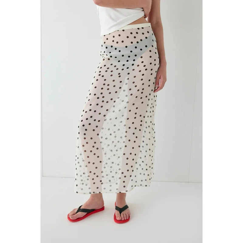 Women Summer Elegant Polka Dot Print A-line Long Skirt Sheer See-through Cover-ups for Beach Vacation Club Streetwear