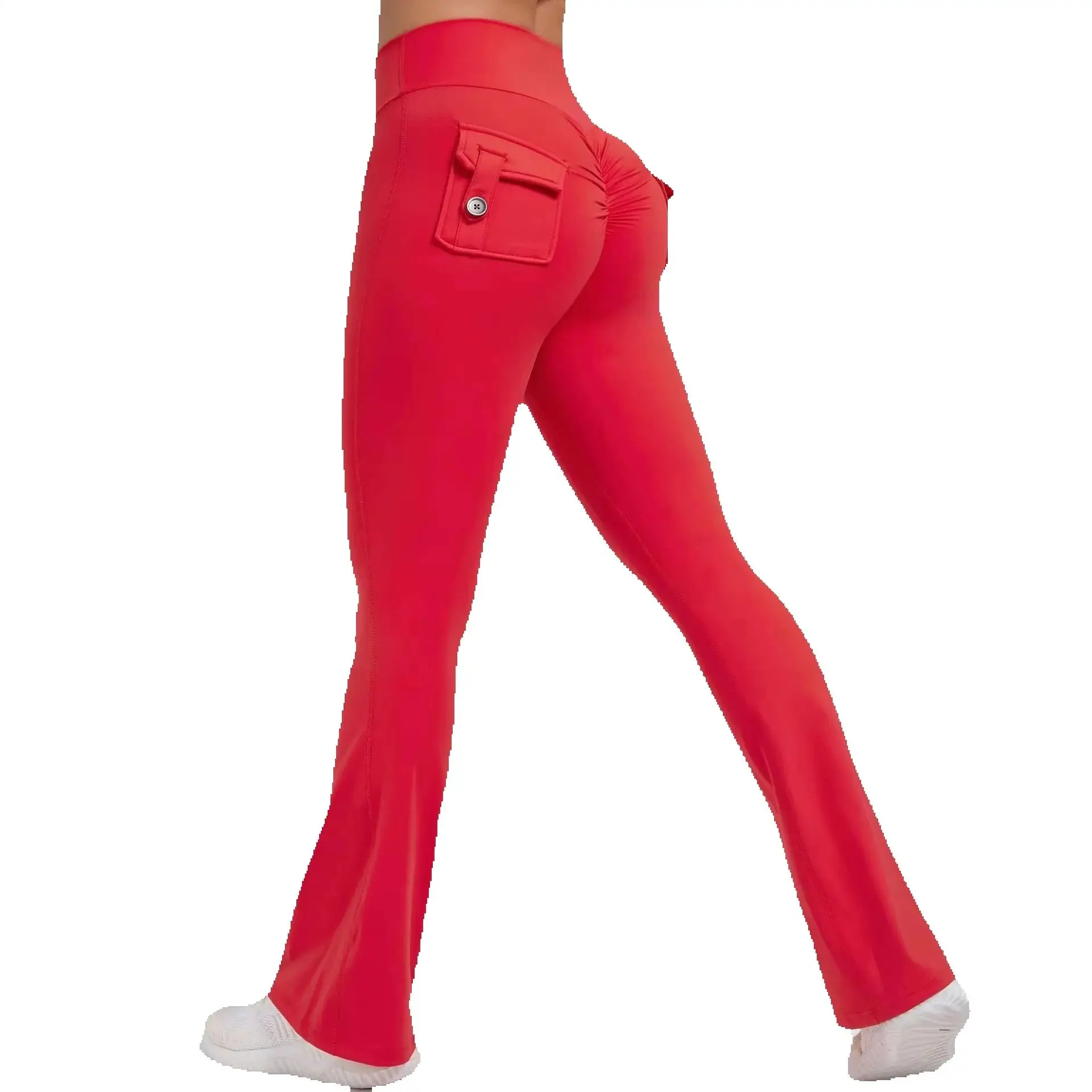 

Women Wide Leg Stretch Yoga Pants Training Bodysuits Nude Compression Workout Workwear With Pockets Fitness High Waist Bell-Bott
