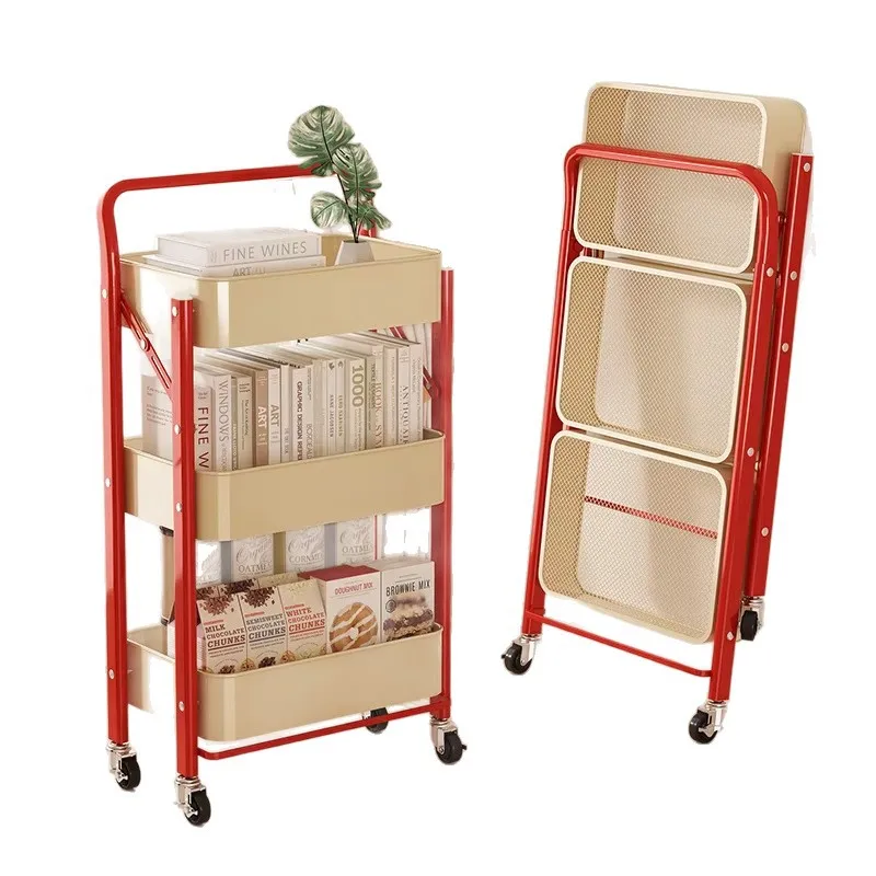 Foldable bookshelf trolley shelf floor mobile wheeled bedroom snack rack kitchen storage shelf