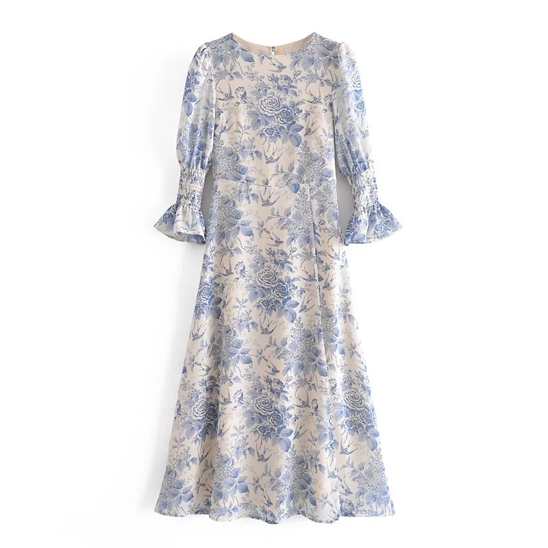 

Women's Street Trendy Floral Print Flared Side Slit Half Sleeve Loose Waist Round Neck Midi Dress