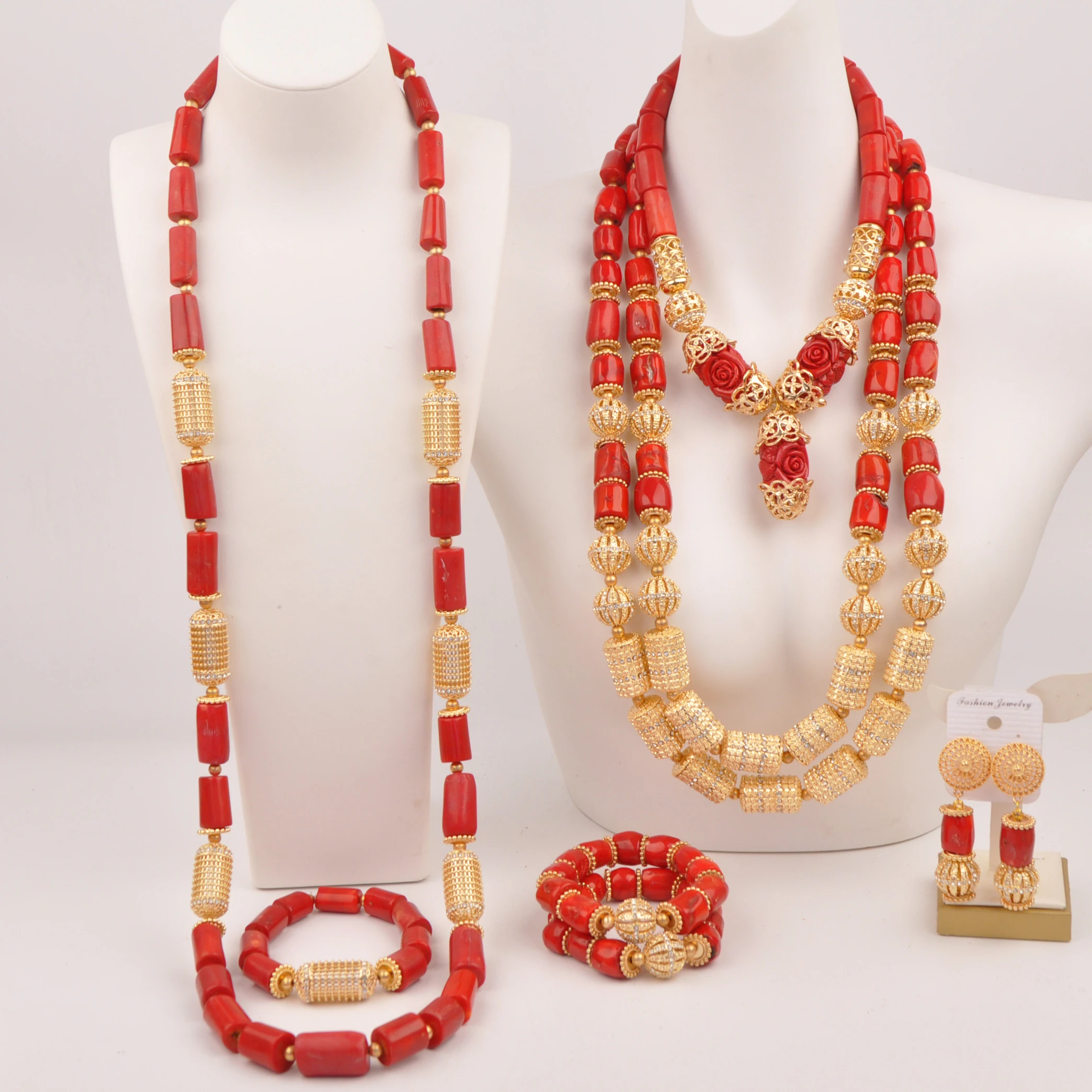 

Red Coral Bead Necklace for Couple Nigerian Wedding African Bridal Jewelry Sets