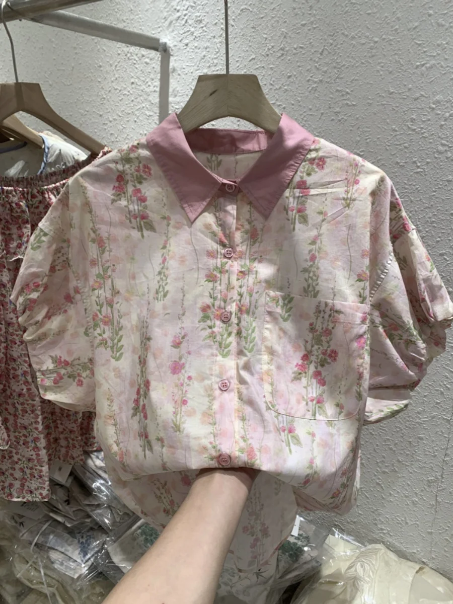 Coréen japonais imprimé fleuri ort Sve coupe ample bulle Sve irt femmes doux Sli col haut longueur régulière