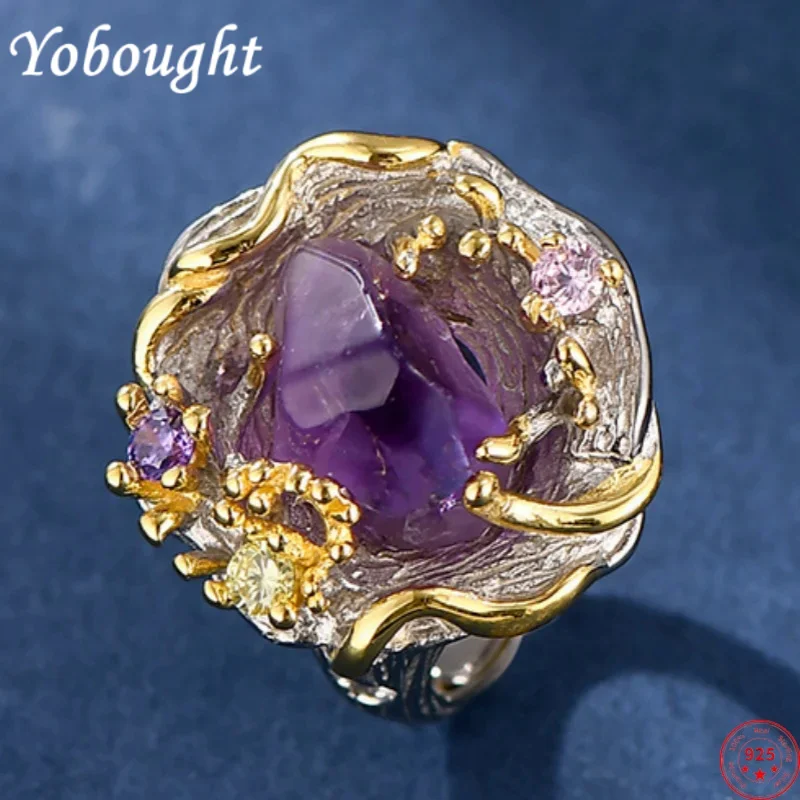 

S925 sterling silver rings for Women New Fashion contrast color palace style irregular natural amethyst jewelry free shipping