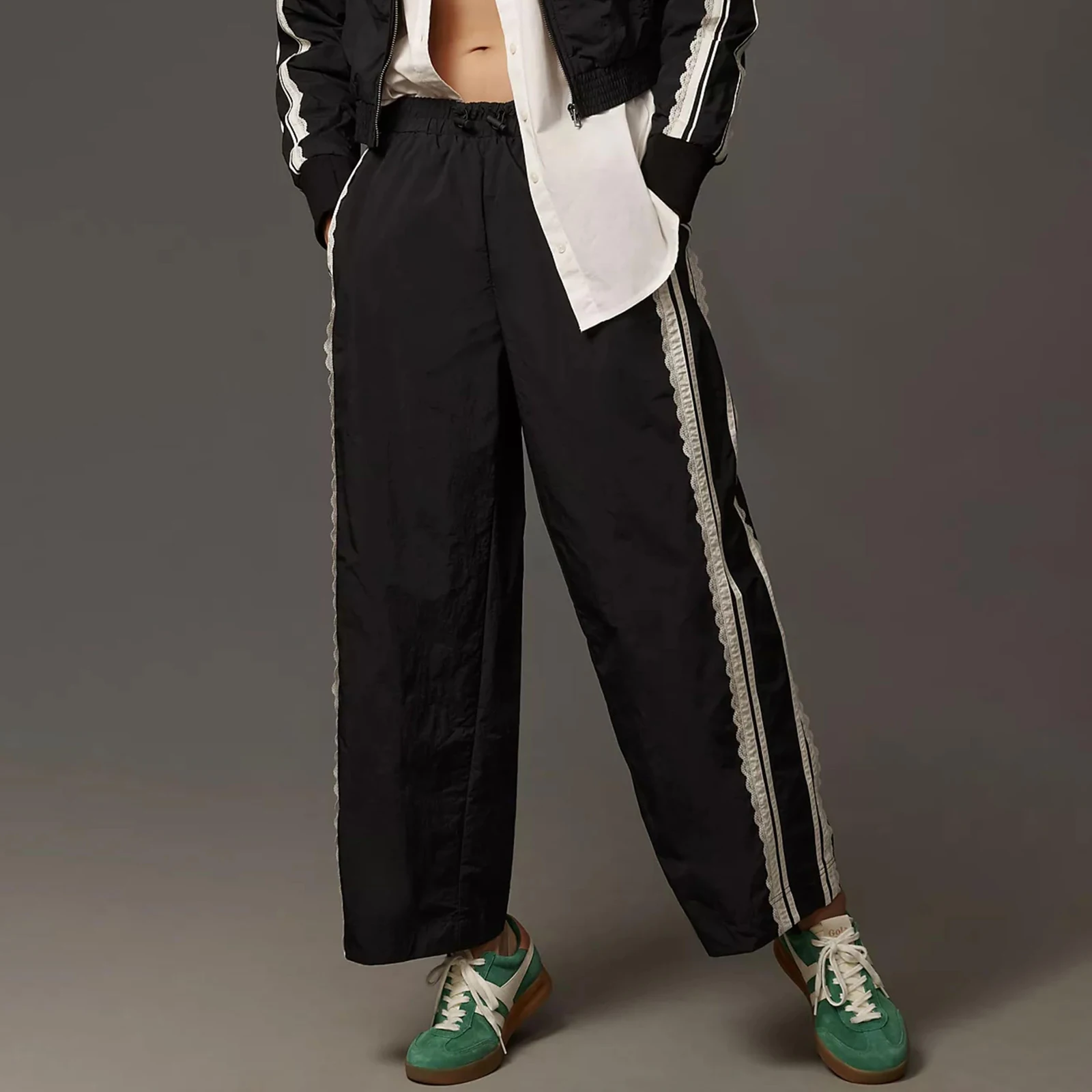 New Fashion Womens Summer Baggy Track Pants Stylish Lace Side Striped Mid Rise Wide Leg Drawstring Trousers Hot Sale S M L