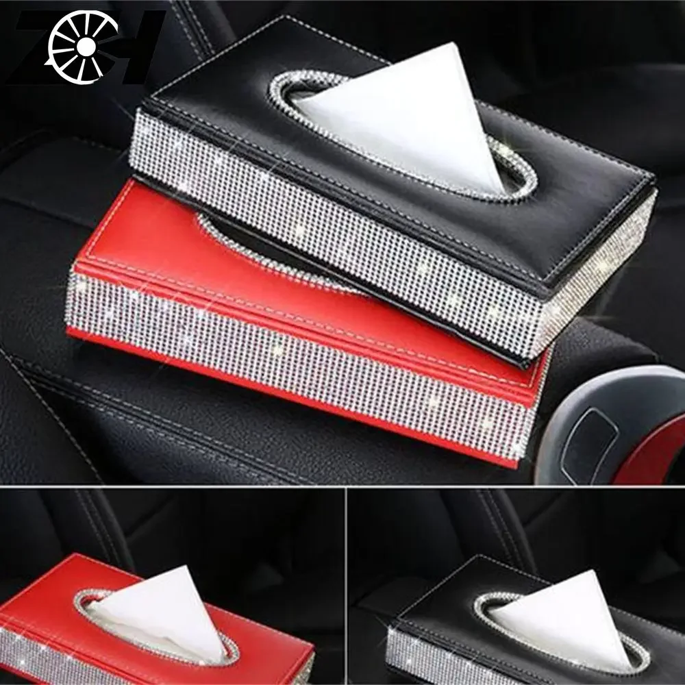 Lady Crystal Rhinestones Car Tissue Box PU Leather With Diamond Towel Case Napkin Storage Boxes