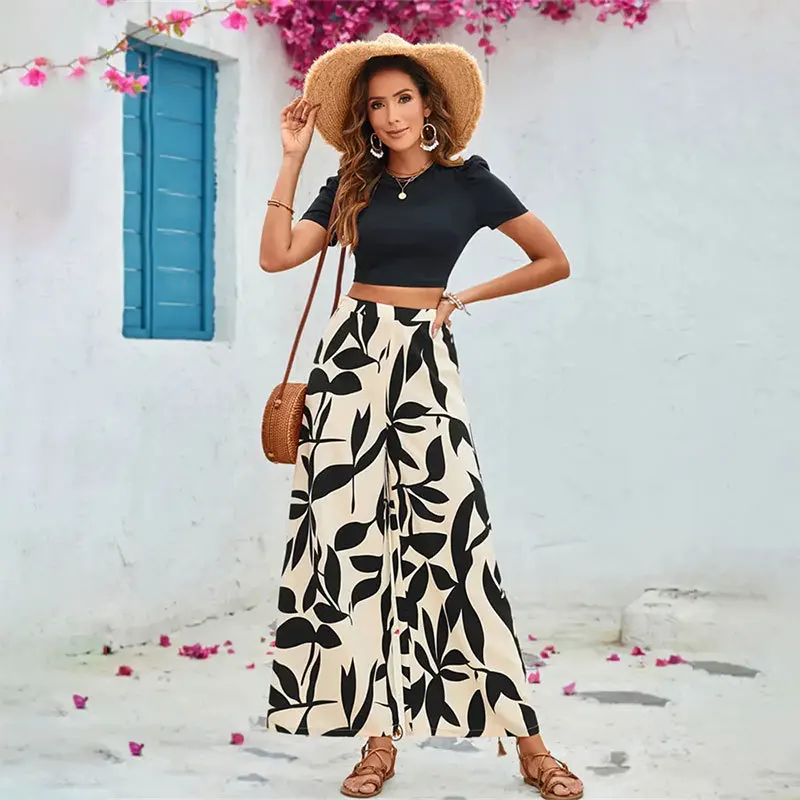 Women's Casual Pants Suit, Wide-leg Pants, Short-sleeved Spring And Summer Two-piece Suit, Tight Navel-baring T-shirt Pants Suit