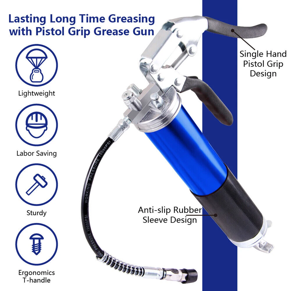 Manual Grip Grease Gun Aluminum Alloy Greasing Injection 400CC Handheld Grease Filling 6000-7000PSI with Flexible Hose