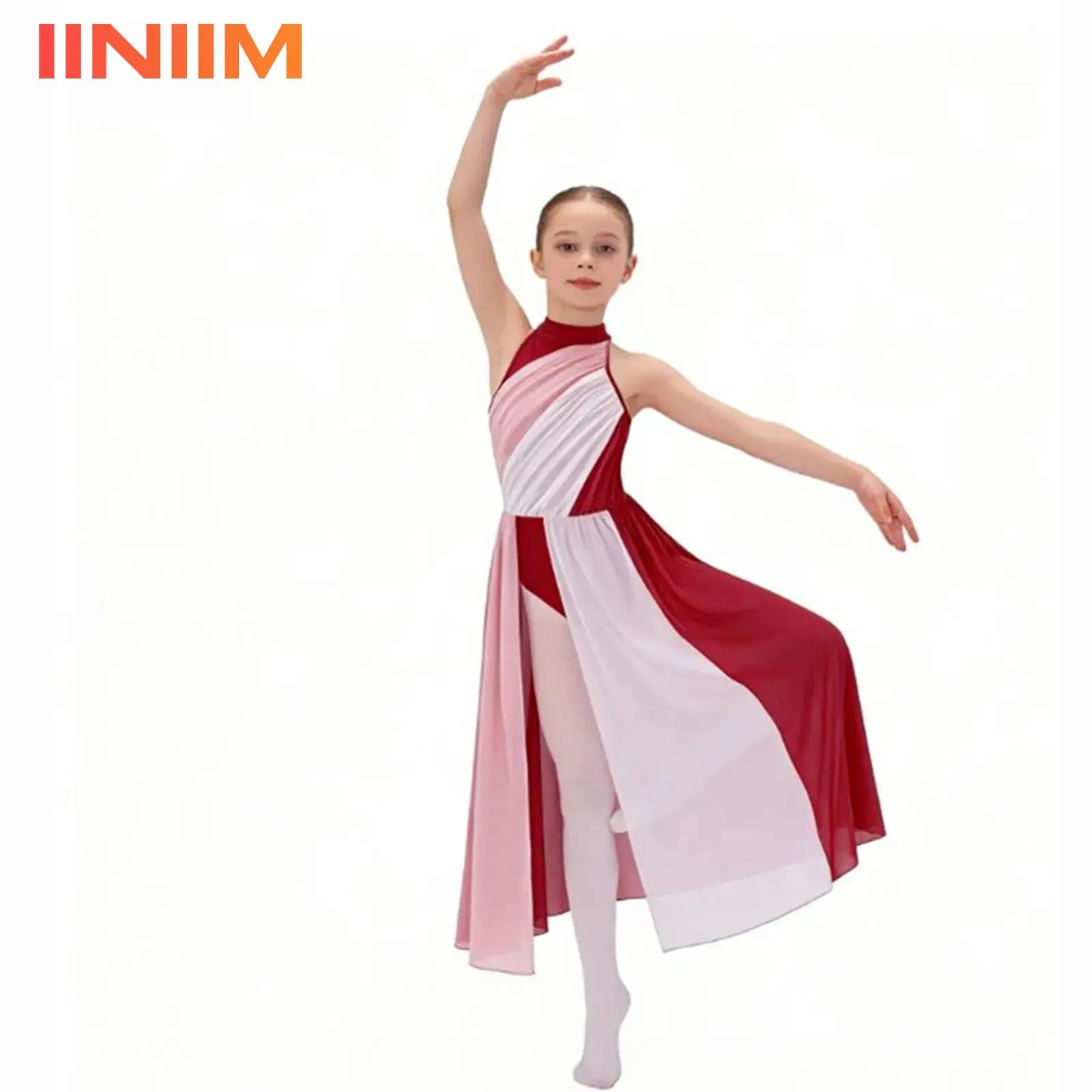 

Kids Girls Gymnastics Ballet Lyrical Contemporary Dance Dress Keyhole Back Split Dress Modern Lyrical Dance Performance Costume