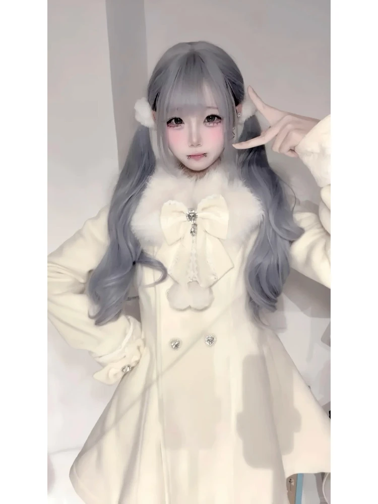 

Autumn Winter Kawaii Coat Faux Fur Collar Detachable Lolita Bow Button Jackets Long Sleeve Tops Women Casual Warm Sweet Clothing