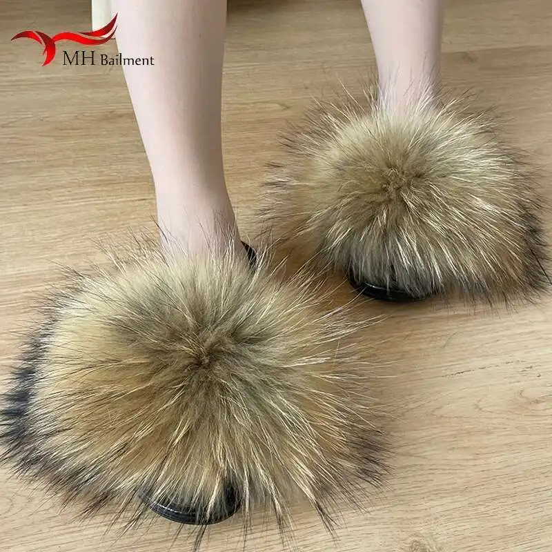 Real Raccoon Fur Slippers For Women 2023 Summer Fluffy Indoor House Fuzzy Flat Slides Outdoor Fashion Beach Sandals Flip Flops image 2