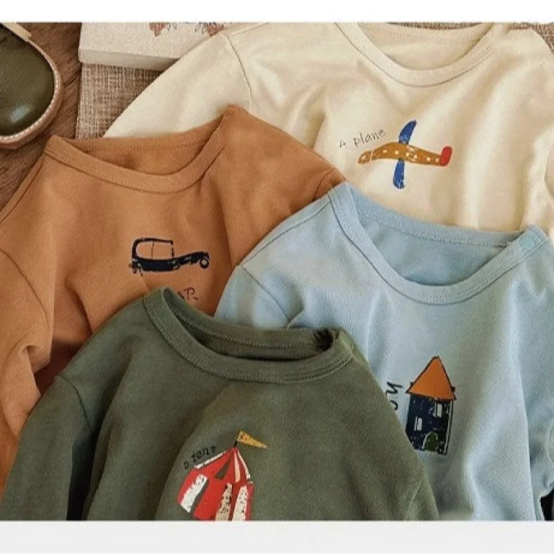 

New ChildrenTShirt Multi-color Retro Fun Print Casual Pattern Autumn Base Shirt Unisex Long Sleeve Top