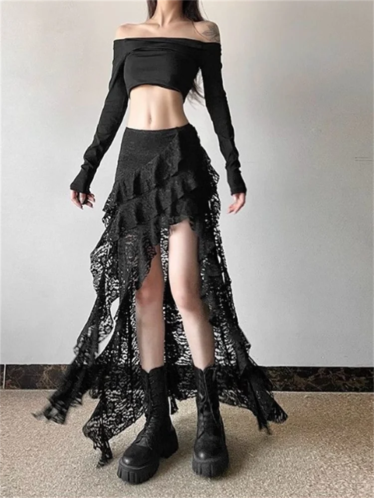 Lace Hollow-out Skirt Ladies Summer Lotus Stitching High Waist Skirt Irregular Hot Girl Half Dress Elasticity Sexy Dance Skirt ﻿