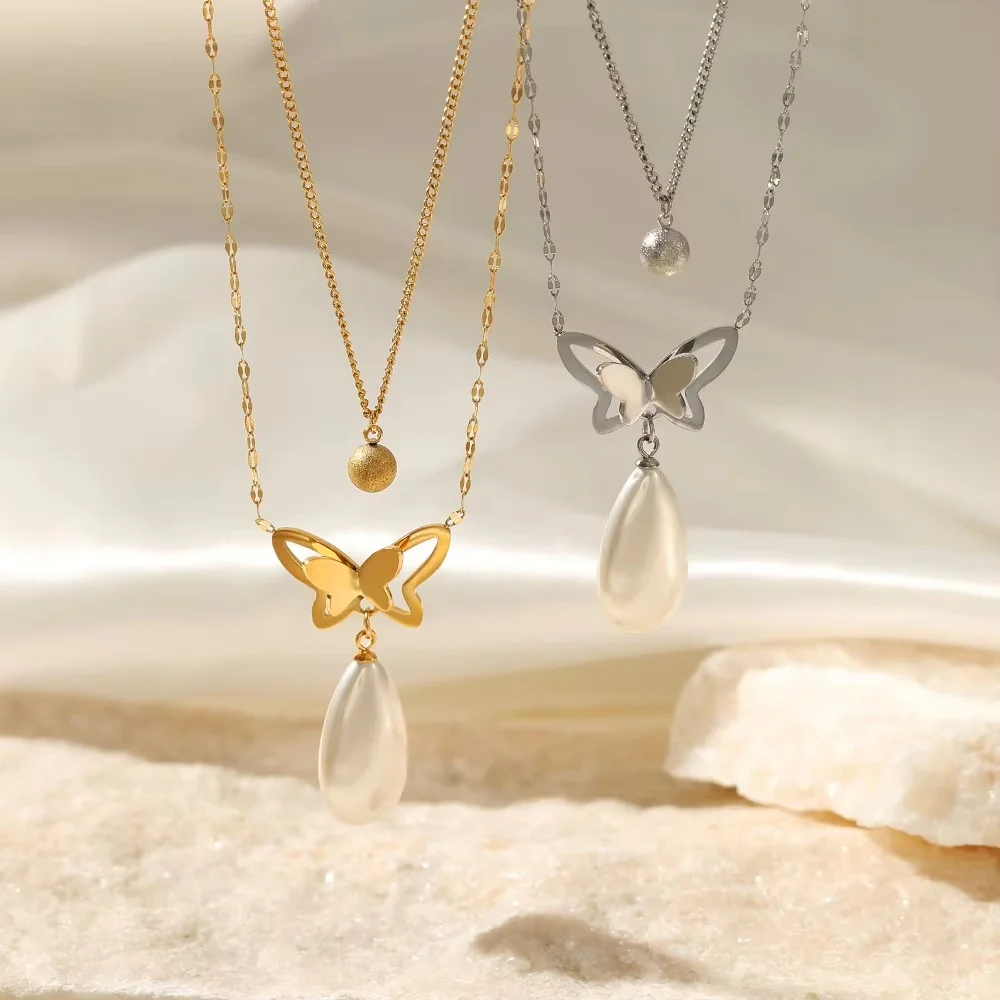 

New Simple Elegant Pearl Pendant Necklace Exqusite Stainless Steel Butterfly Necklace For Woman Daily Wear Party Gifts