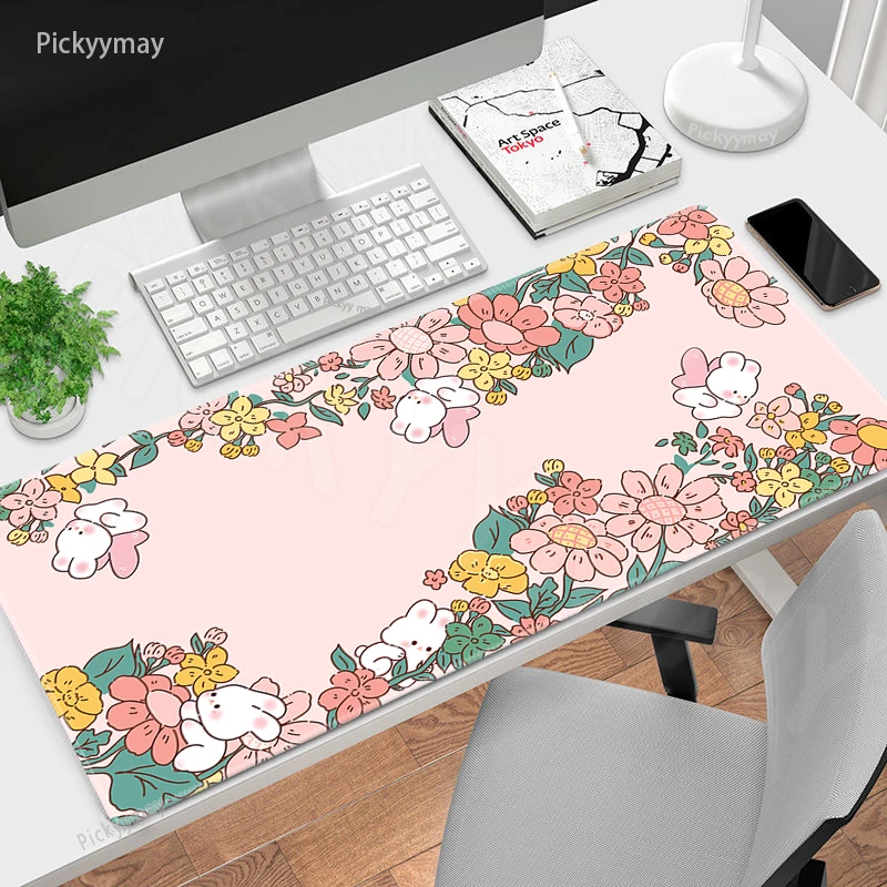 

Cute FlowerDesk Mat Gamer Mousepads Pink Mouse Pad Office Desk Pads Large Mousepad Kawaii Bunny Rabbit Mouse Mats For Computer