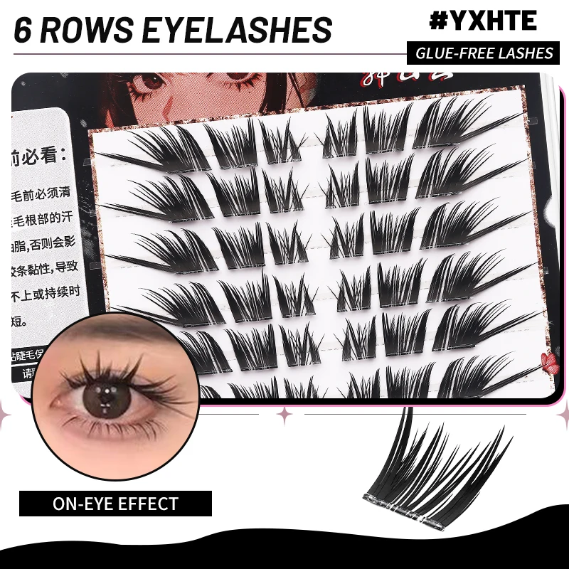 DINGSEN 6 Reihen Kleberfreie Fuchsaugen-Effekt Cluster-Wimpern Selbstklebend Wiederverwendbar Koreanische Geflügelte Manga-Wimpern für den täglichen Gebrauch Katzenwimpern – Detail 8
