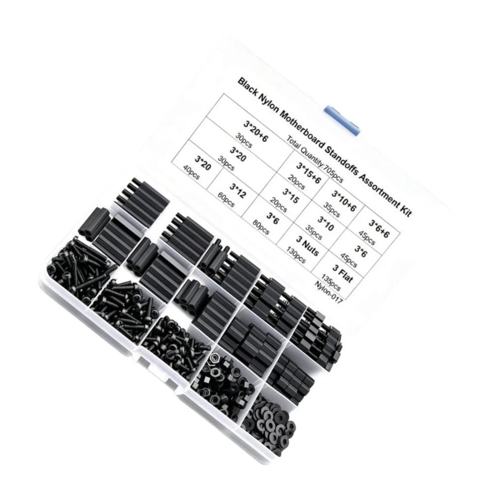 For M3 Black Nylon Standoff and Screw Set 705 Pcs Including Female Female Male Female Spacers Nuts Washers for DIY Projects