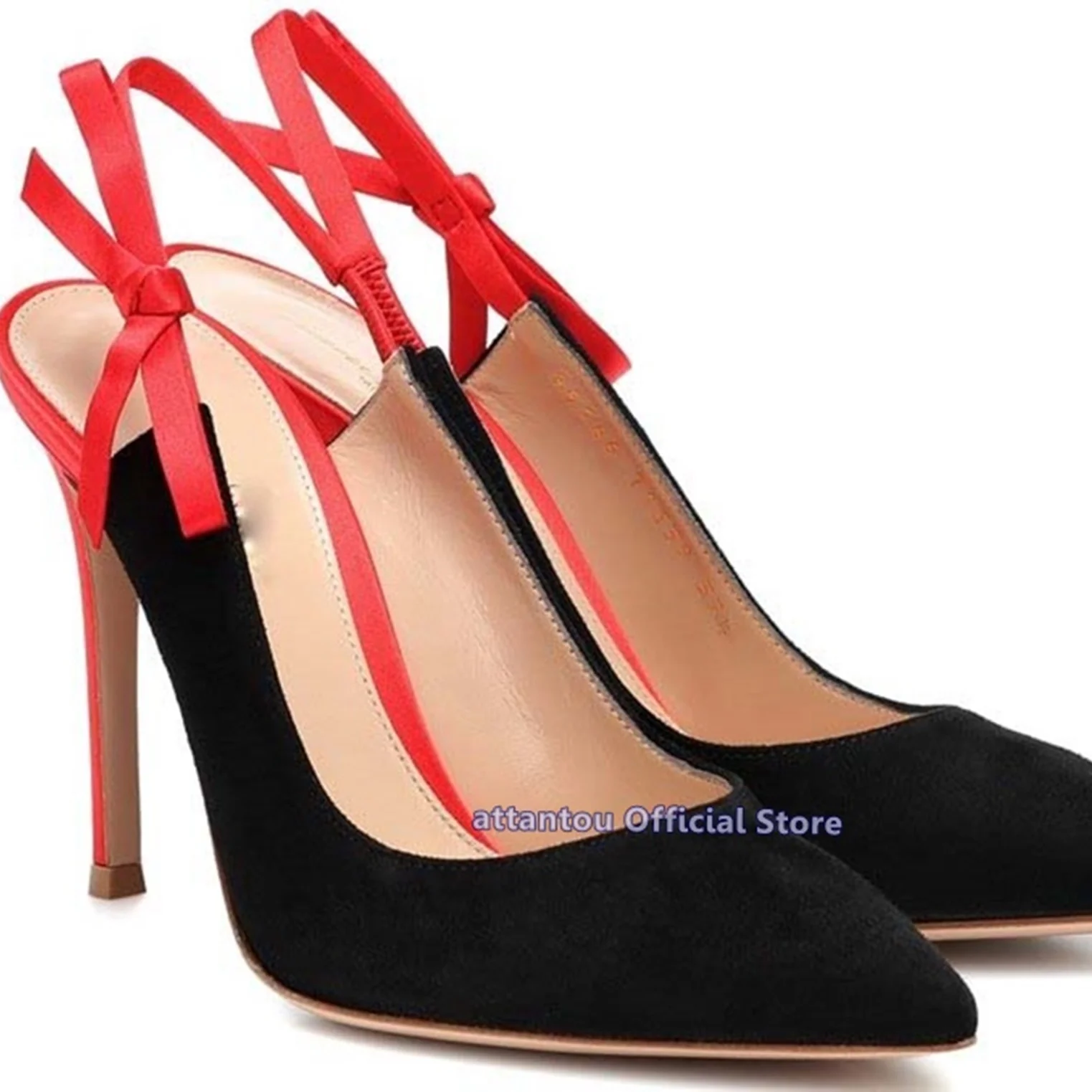 Retro Slingback Pumps With Feminine Ankle Red Bow Straps Stiletto Heeled Pointed Toe Ladies Dress Shoes Designer High Heel Shoes