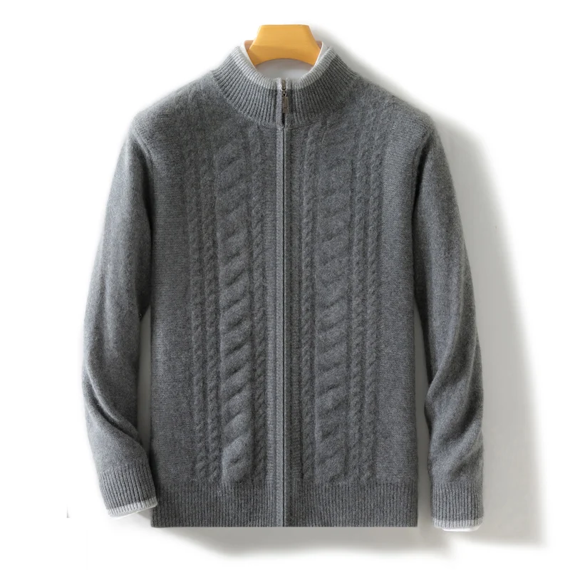 100% Pure Wool Coat Men's Stand up collar Knitted Zipper Cardigan Casual Business Solid Color Jacket Winter Thick Men's Clothing