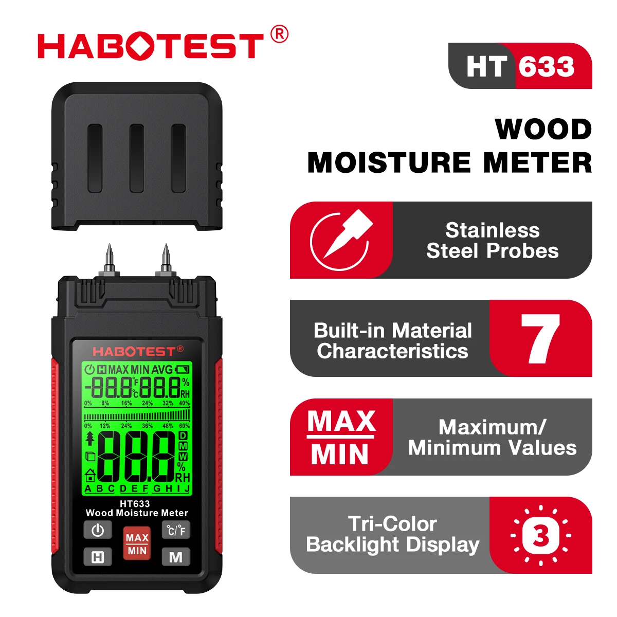 

HABOTEST HT633 Digital Wood Moisture Meter Professional 0~57% Timber Hygrometer Portable Tool LCD Display Timber Damp Detector