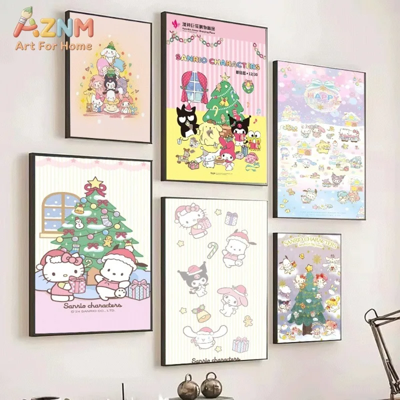 Sanrio Christmas Group Canvas Wall Art Unframed Canvas Poster Kawaii Xmas Print for Kids Room Wall Decor Gift