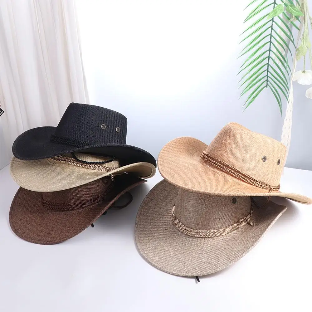 

Linen Western Cowboy Hat Beach Cap Wide Brim Summer Sun Hat Outdoor Visor Cap Climbing Hat Beach Sunscreen Cap Jazz Cowgirl