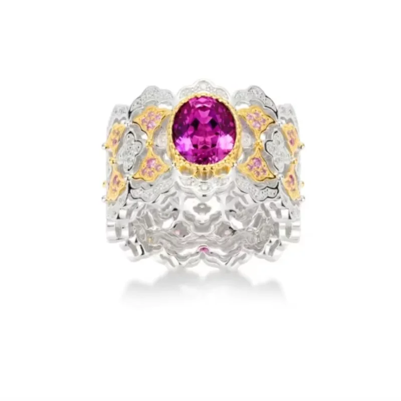 Bellux 925 Silver Synthetic Zircon Ring Purple Pink Oval Diamond Pigeon Egg Hollow out Wide Version Lace Rings
