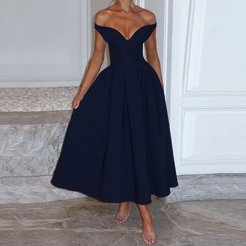 

Ellafads Women Maxi Dress Elegant Solid V Neck Off Shoulder Strapless Tube Backless Nipped Waist Evening Party Dress Streetwear