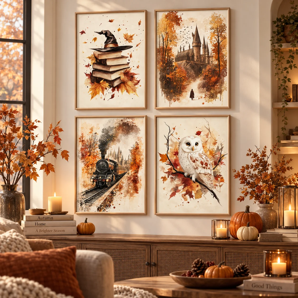 4PCS Autumn Leaves Vintage Magic Book Owl Train Castle Poster Prints, Suitable for Autumn Halloween, Christmas Home Decoration