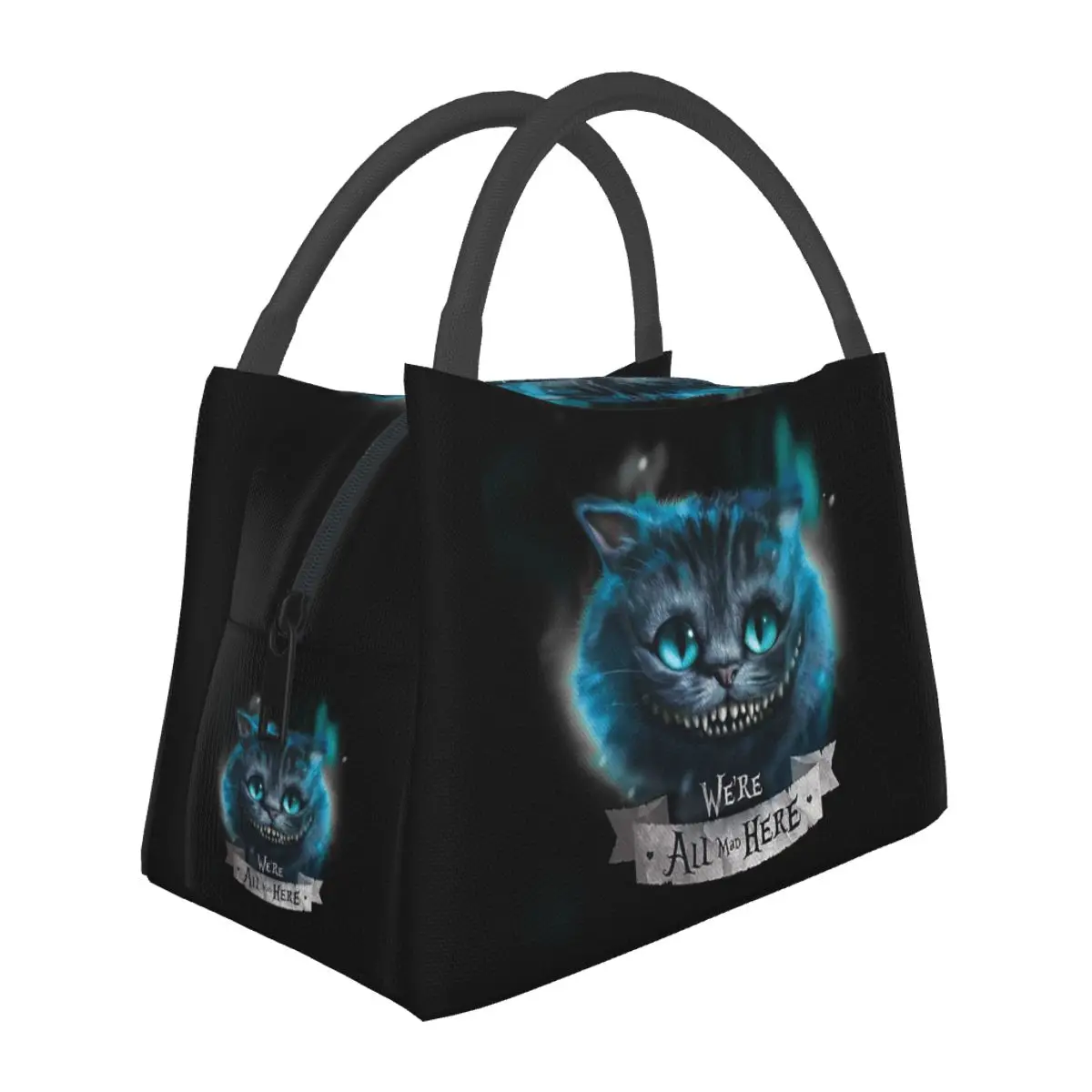 Cheshire Alice Cats We Re All Mad Here Lunch Bags Insulated Bento Box Lunch Tote Picnic Bags Cooler Thermal Bag for Woman Travel