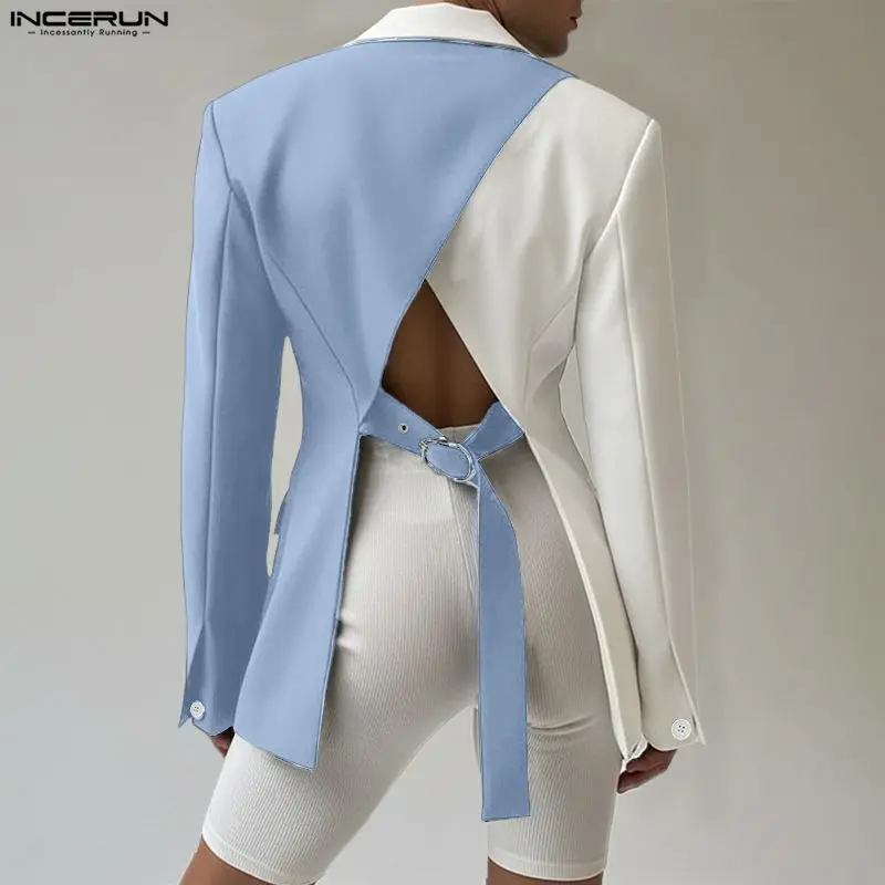 

INCERUN мужской пиджак в стиле пэчворк с лацканами с длинным рукавом и открытой спиной для отдыха мужской костюм уличная мода повседневные тонкие пальто мужской пиджак S-3XL