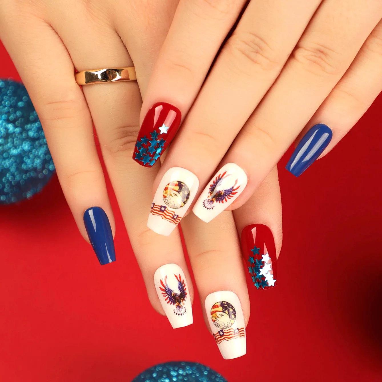 

24PCS Independence Day Press-On Nails - Navy Blue with White Stars & Eagle Silhouettes Medium European Square