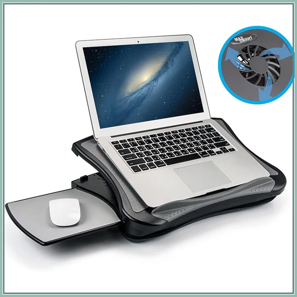 MAX SMART Laptop Lap Desk with Mouse Pad, Cushion & Cooling Fan, Non-Slip Heat Shield for Home Office Bed Sofa Car
