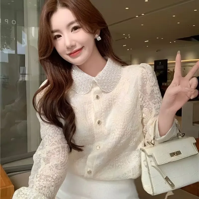

French Beaded Lace Shirt 2025 New Spring Autumn Women Longsleeve Dress Shirt Office Lady Elegant White Lace Crochet Shirt Blouse