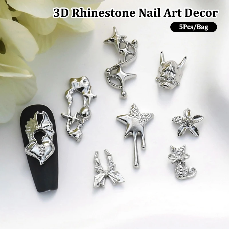 5Pcs/Pack Nail Diamond Nail Art Decor Vintage Pentagram Star Nail Drills Nail Patch Nails Decor Heart Manicure Design Accessory