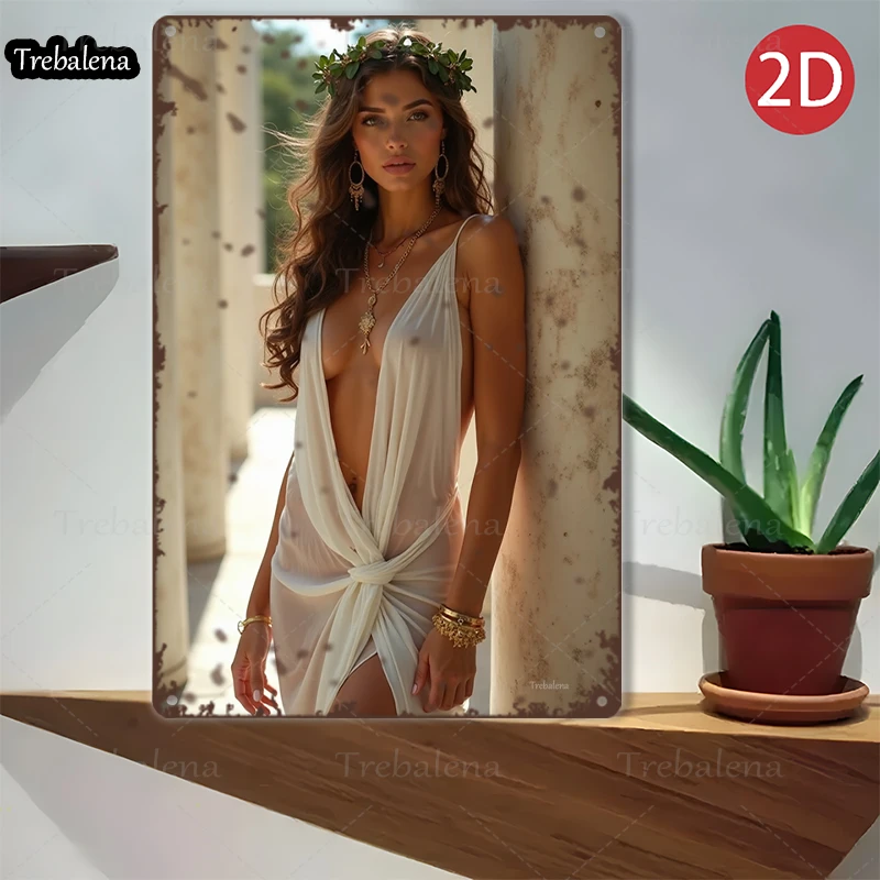 1PC 2D Flat 8*12inch Metal Sign Boho Chic Woman in White Dress Garden Scene