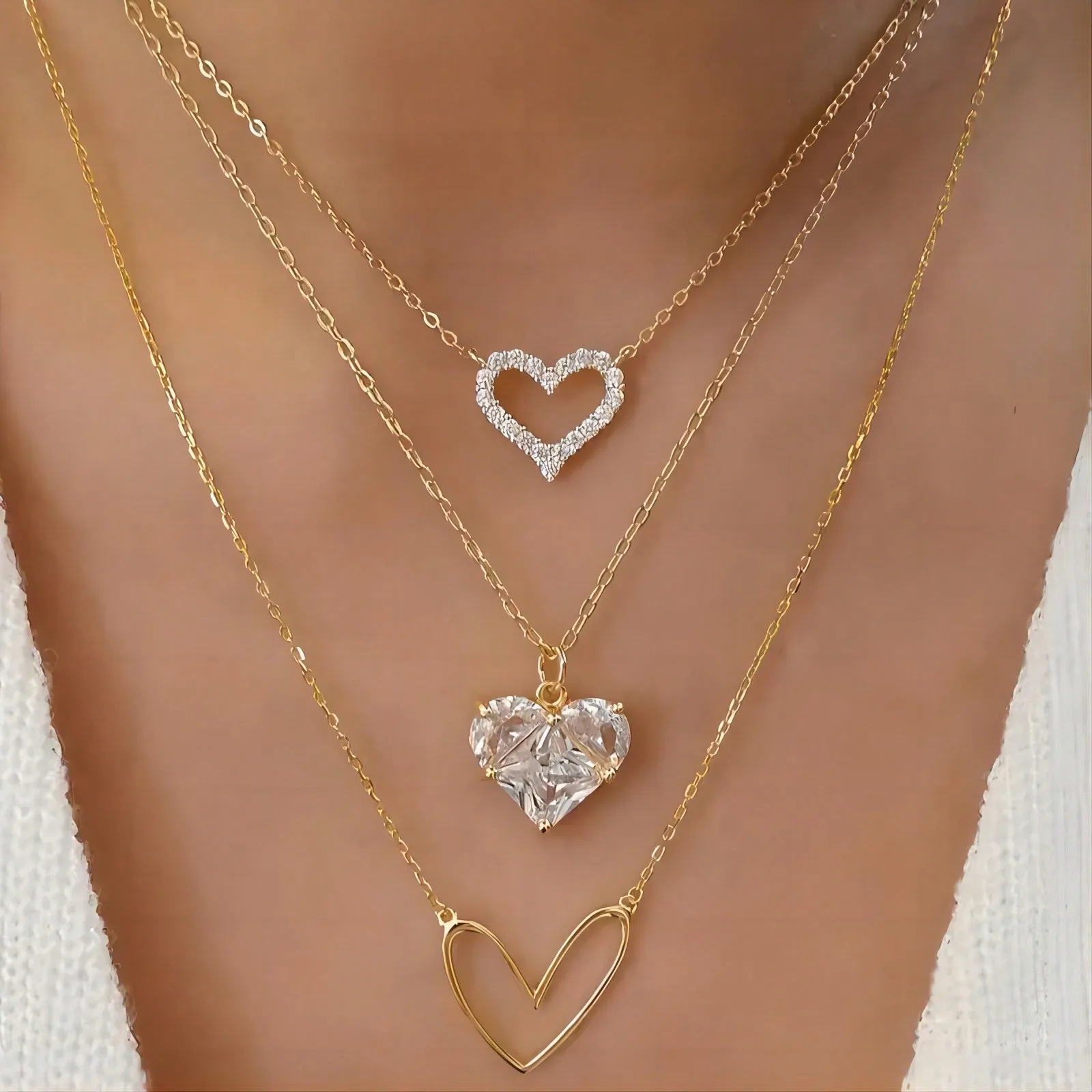

Wis 3pcs Heart-Shaped Sparkling Pendant Necklace Set, Elegant Minimalist Zinc Alloy Jewelry, Valentine's Day Gift
