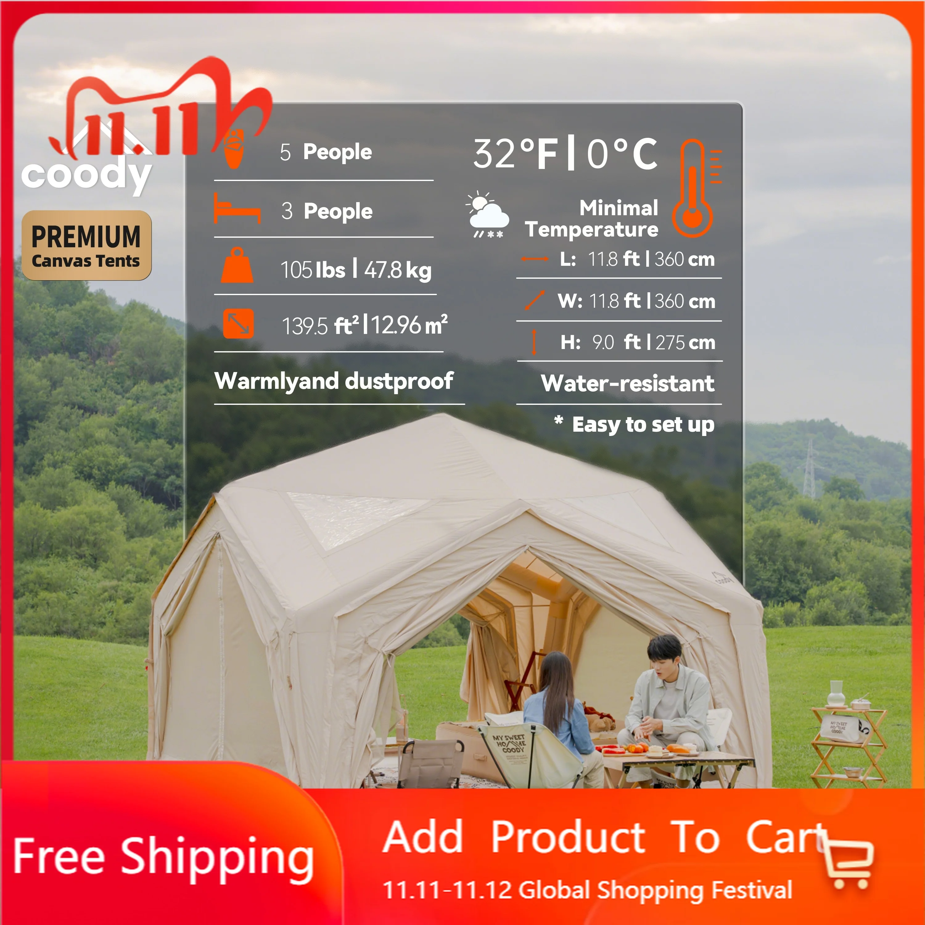 Beige Coody Hub Station Air Tent Portable UV Resistant Waterproof Folding Inflatable Tent For 3-5 People Family Camping Trip