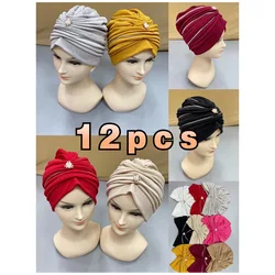 12 Pieces Set Of Fashionable Muslim Women Headscarf Space Layer Fabric Applique Headwear Solid Indian Bean Hair Hat Lady Hat